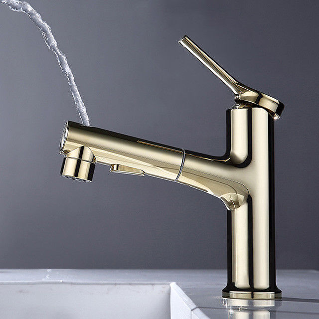 Solo mezclador del lavabo de la manija del solo agujero extraible de cobre amarillo 360°Swivel en Grey Matte Black Gold