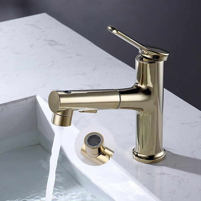 Solo mezclador del lavabo de la manija del solo agujero extraible de cobre amarillo 360°Swivel en Grey Matte Black Gold